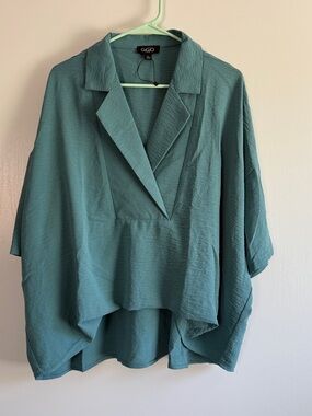 Gigio Relaxed Teal V-Neck Blouse Gathered Waist Satin Size L